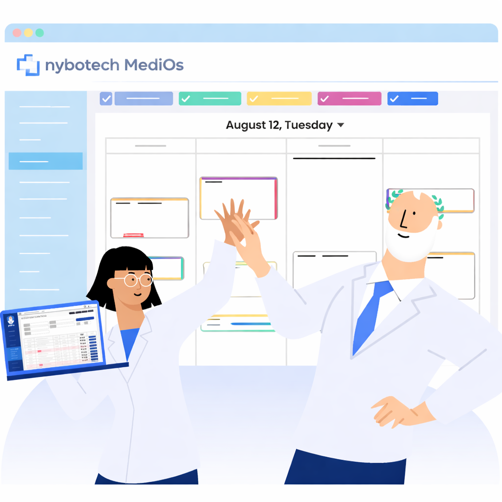 Illustration of clinicians celebrating streamlined scheduling with Nybotech MediOS