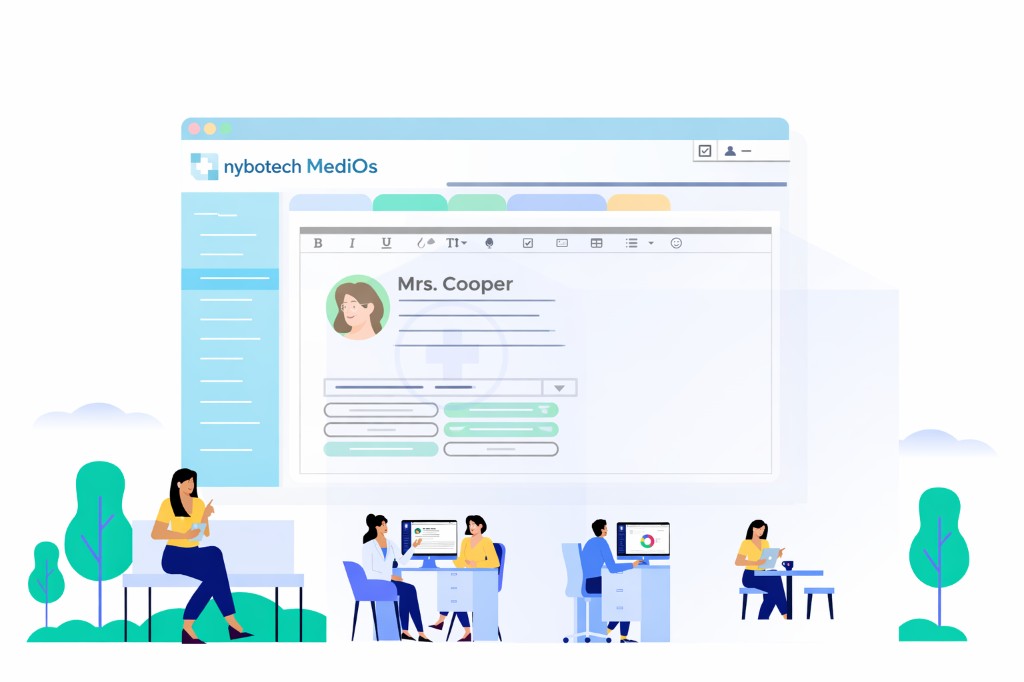 Illustration of Nybotech MediOS being used across a clinic